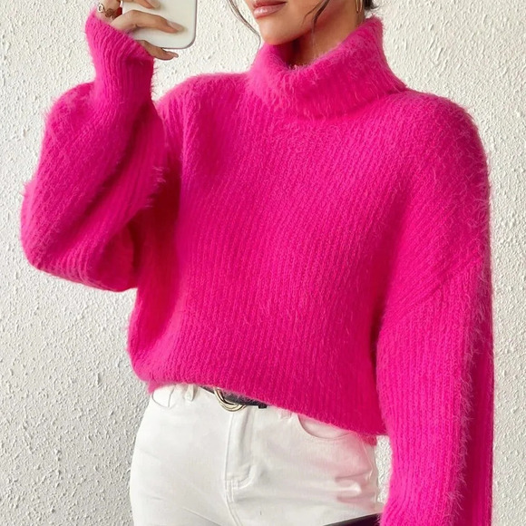 Hot Pink Casual Women's Turtleneck Drop Shoulder Fuzzy Sweater - Picture 2 of 6